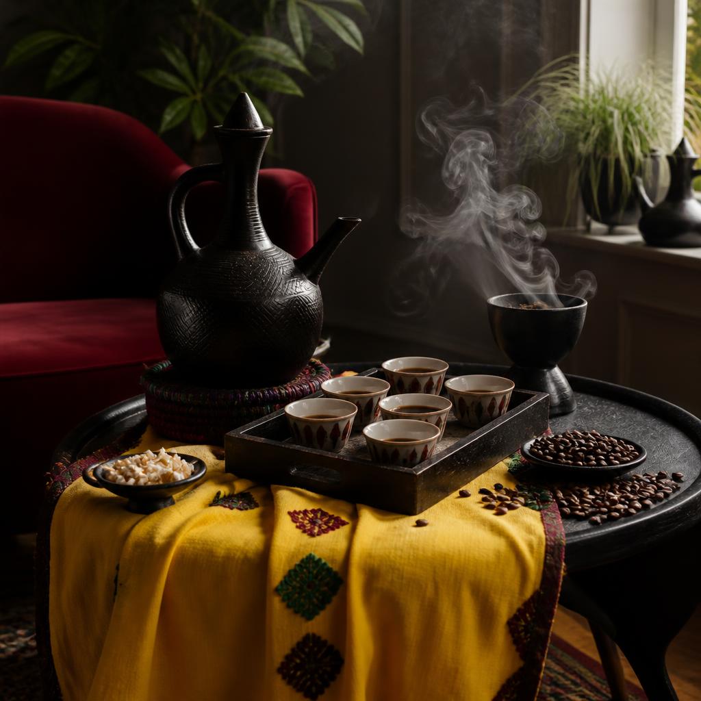 Ethiopian coffee ceremony with a jebena and sini cups